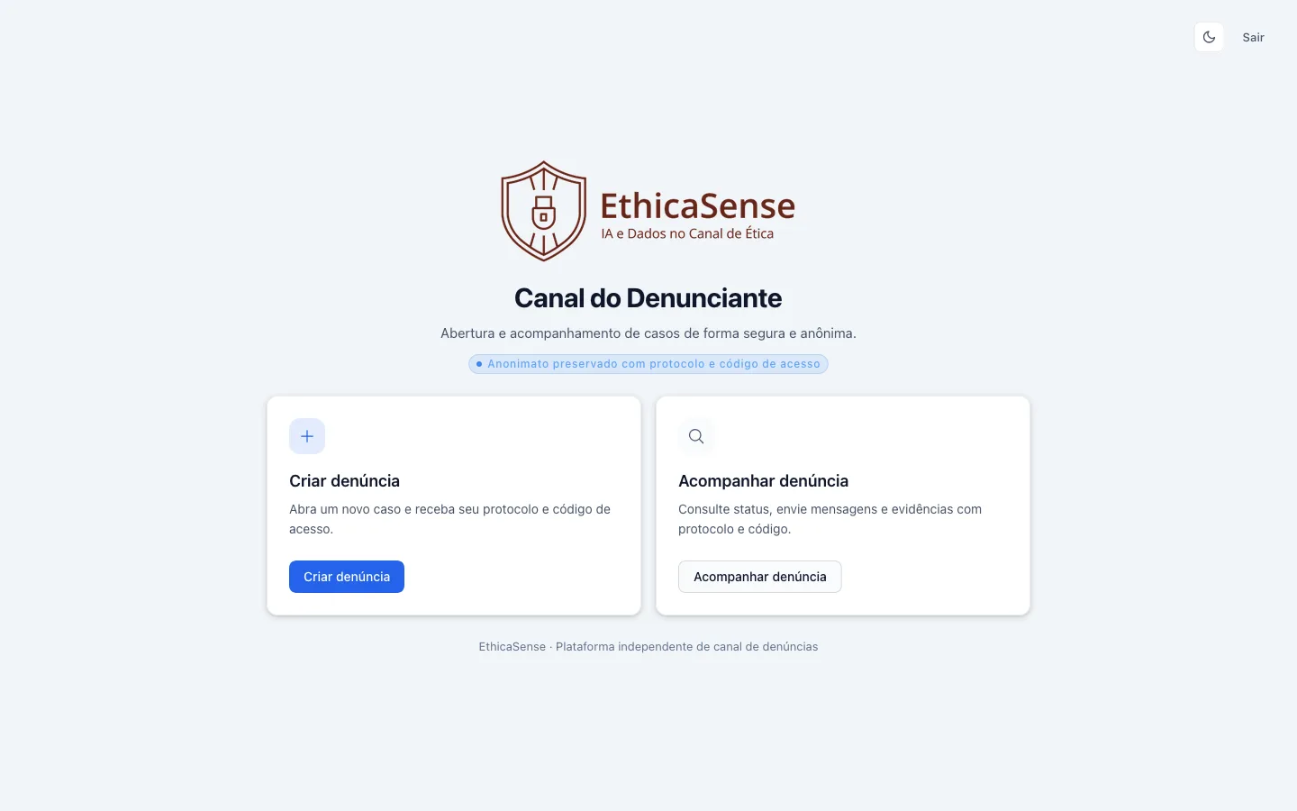 Captura do portal do denunciante EthicaSense